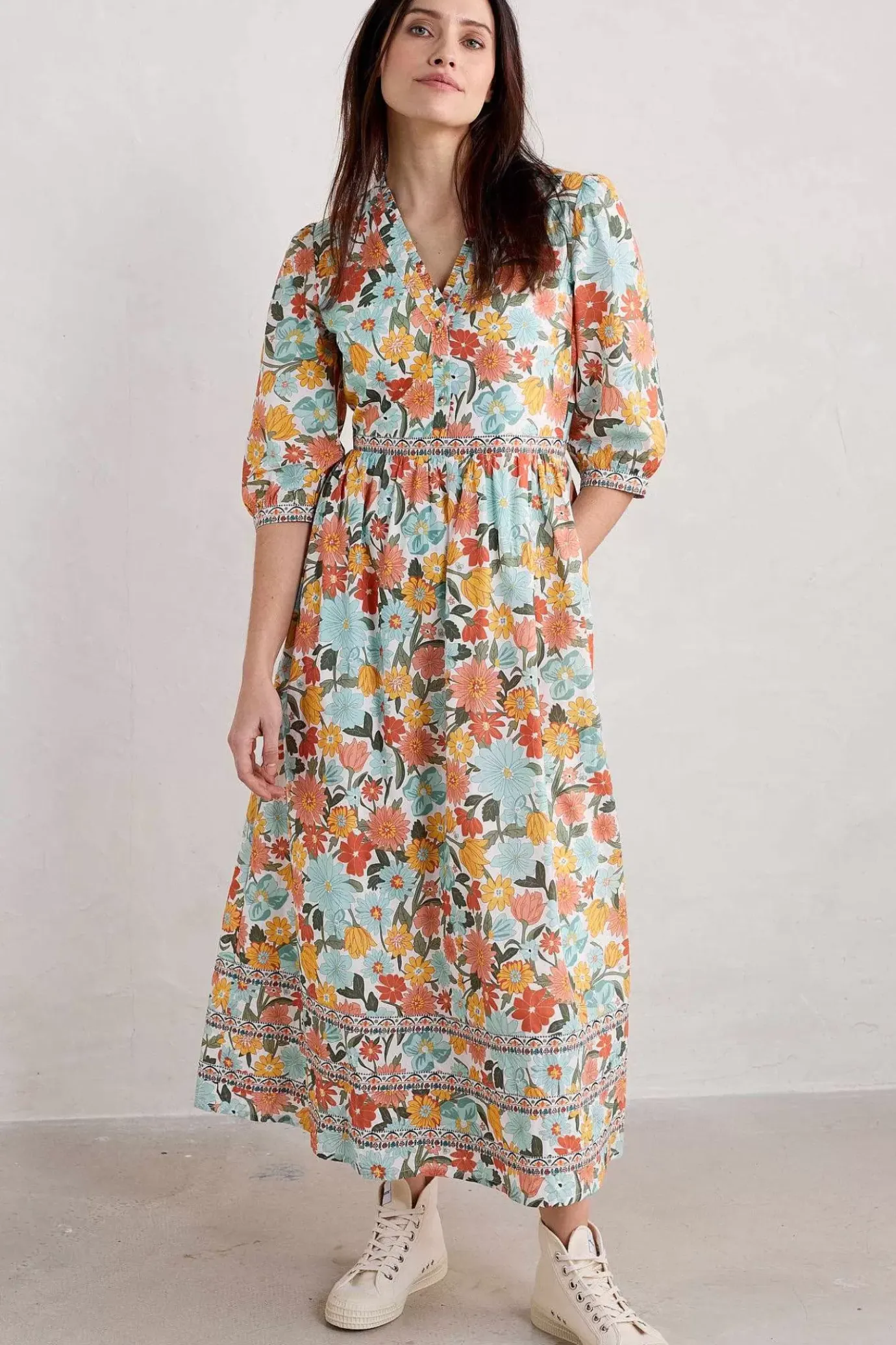 Seasalt Cornwall Blue Hills Border V-Neck Floral Dress<Women Dresses
